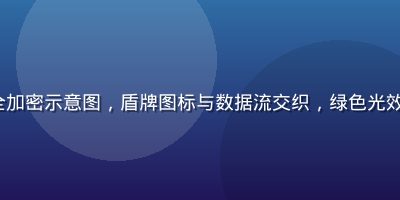 aqd 安全加密示意图，盾牌图标与数据流交织，绿色光效渲染安全感
